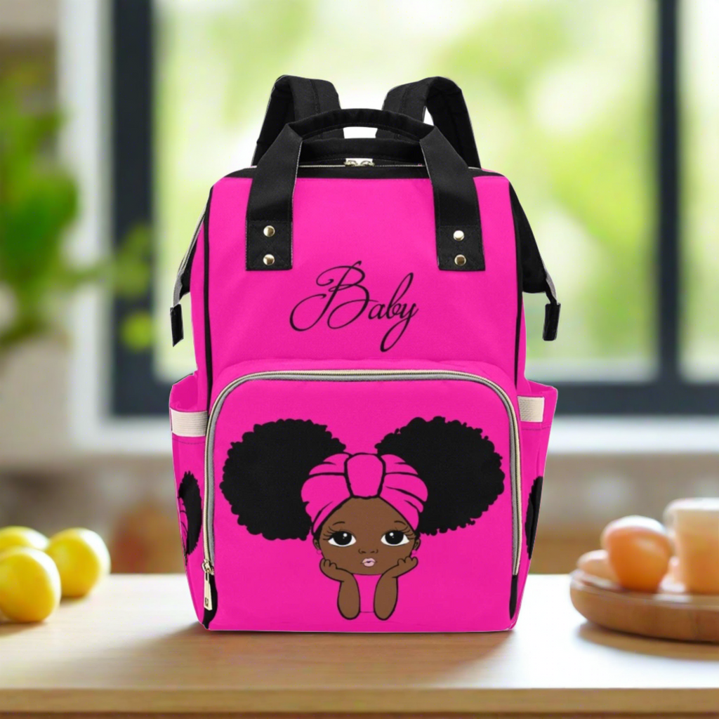 Designer Diaper Bags - African American Baby Girl With Natural Afro Pigtails And Head Wrap Hot Pink