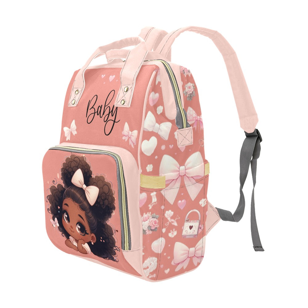 Baby Black Girl in Pink Bow - Coquette Diaper Bag Waterproof Backpack