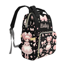 Load image into Gallery viewer, Personalized Diaper Bag, Baby Doll in Pink Bow on Black - Coquette Diaper Bag Waterproof Backpack, Pink Vintage for Girls