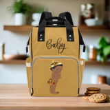 Designer Diaper Bag - Ethnic King African American Baby Boy - Khaki Gold Multi-Function Backpack