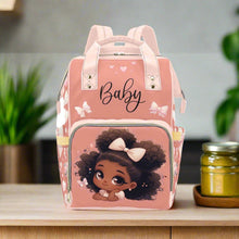 Load image into Gallery viewer, Baby Black Girl in Pink Bow - Coquette Diaper Bag Waterproof Backpack