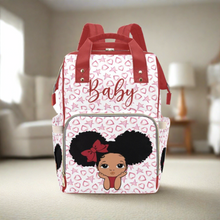 Load image into Gallery viewer, Designer Diaper Bags - African American Baby Girl With Natural Afro Pigtails And Bow With Hearts