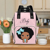 Designer Diaper Bags - African American Baby Girl Natural Curls And Electric Blue Bow On Pink