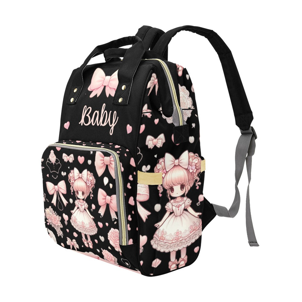 Personalized Diaper Bag, Baby Doll in Pink Bow on Black - Coquette Diaper Bag Waterproof Backpack, Pink Vintage for Girls