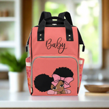 Designer Diaper Bag - African American Baby Girl With Afro Pigtails Coral Multi-Function Backpack