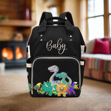 Designer Baby Bag With Cute Cartoon Dinosaurs - Waterproof Multifunction Backpack in Black