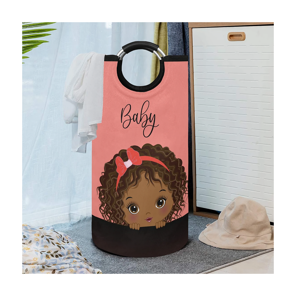 African American Baby Girl Large Laundry Basket Round Laundry Hamper in Coral