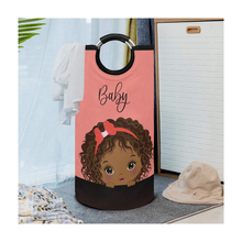 Load image into Gallery viewer, African American Baby Girl Large Laundry Basket Round Laundry Hamper in Coral