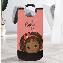 Load image into Gallery viewer, African American Baby Girl Large Laundry Basket Round Laundry Hamper in Coral