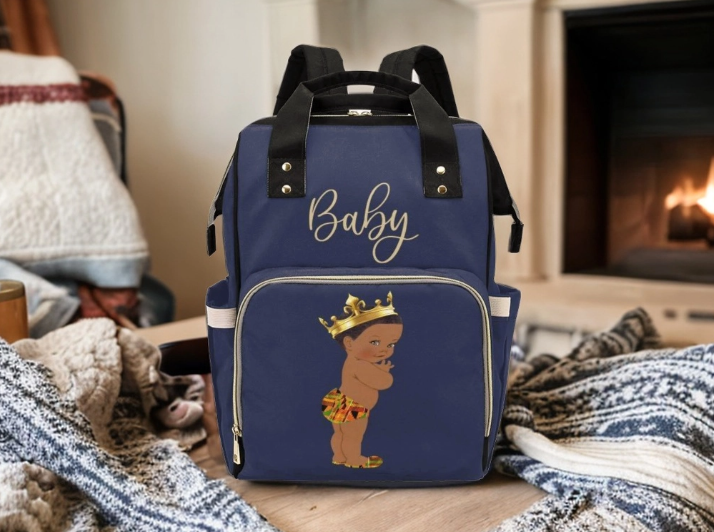 Designer Diaper Bag - Ethnic King African American Baby Boy - Navy Blue Multi-Function Backpack