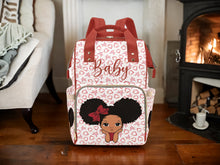 Load image into Gallery viewer, Designer Diaper Bags - African American Baby Girl With Natural Afro Pigtails And Bow With Hearts