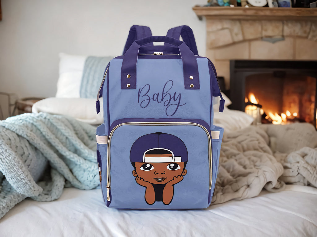 Diaper Bag Backpack - Super Cute African American Baby Boy Sporty Cap Waterproof Backpack