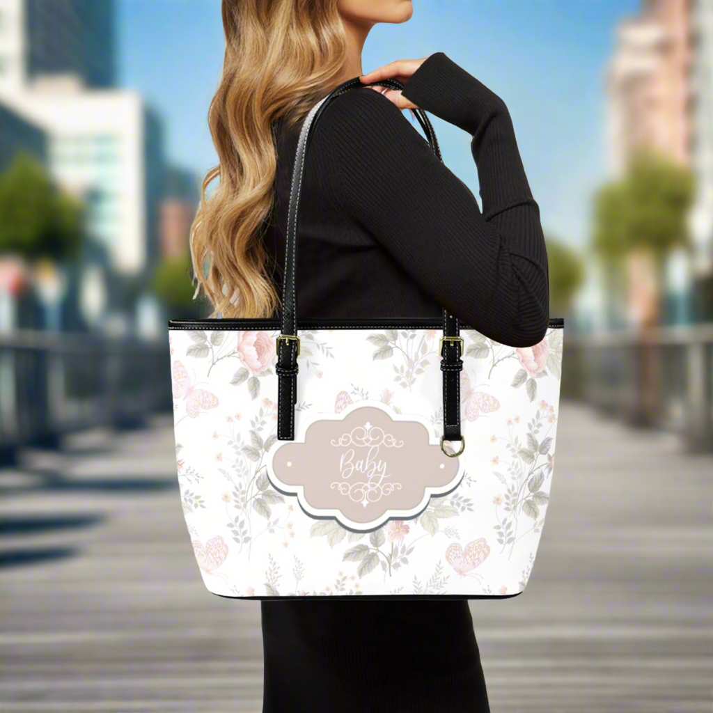 Floral Leather Tote Bag Personalized For Baby Genuine Cross-Grain Leather for Baby Shower