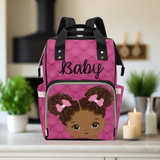 Cute African American Baby Girl With Natural Pigtails And Pink Bows On Hot Pink Tufted Design Multi-Function Backpack