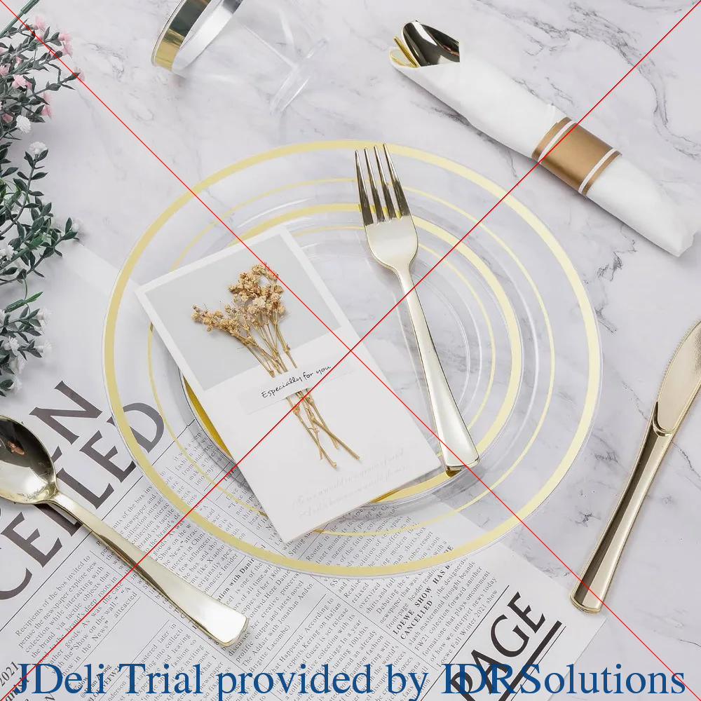 350PCS Gold Dinnerware Set, Disposable Party Plates for 50 Guests, Plastic Plates, Rolled Napkins, Cups