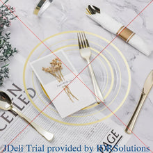 Load image into Gallery viewer, 350PCS Gold Dinnerware Set, Disposable Party Plates for 50 Guests, Plastic Plates, Rolled Napkins, Cups