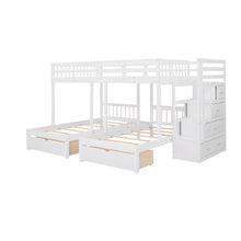 Load image into Gallery viewer, Full Over Twin &amp; Twin Bunk Bed, Wood Triple Bunk Bed with Drawers and Guardrails (White)