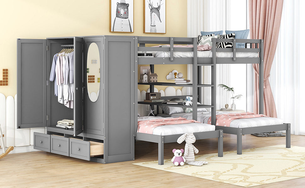 Full-Over-Twin-Twin Bunk Bed with Shelves, Wardrobe and Mirror, Gray