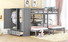 Load image into Gallery viewer, Full-Over-Twin-Twin Bunk Bed with Shelves, Wardrobe and Mirror, Gray