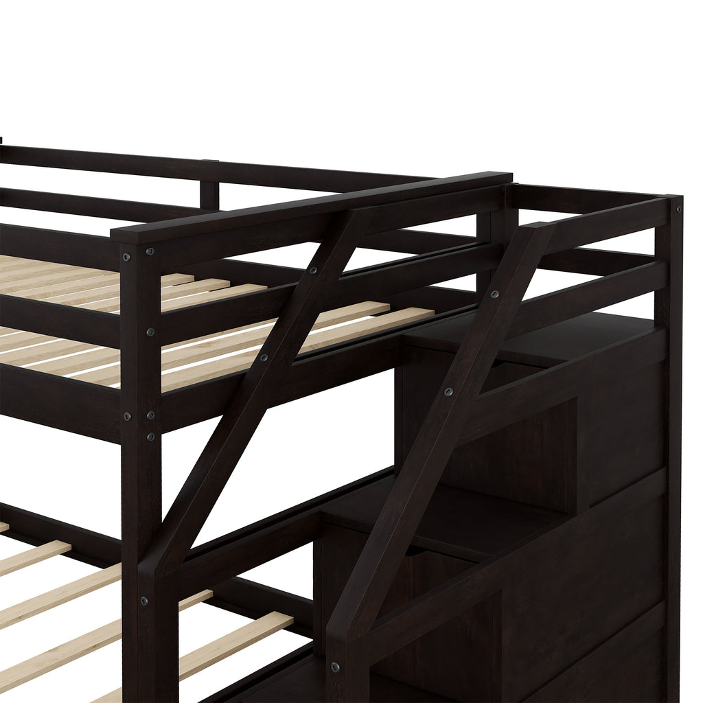 Twin-Over-Twin Bunk Bed with Twin Size Trundle and 3 Storage Stairs,Espresso