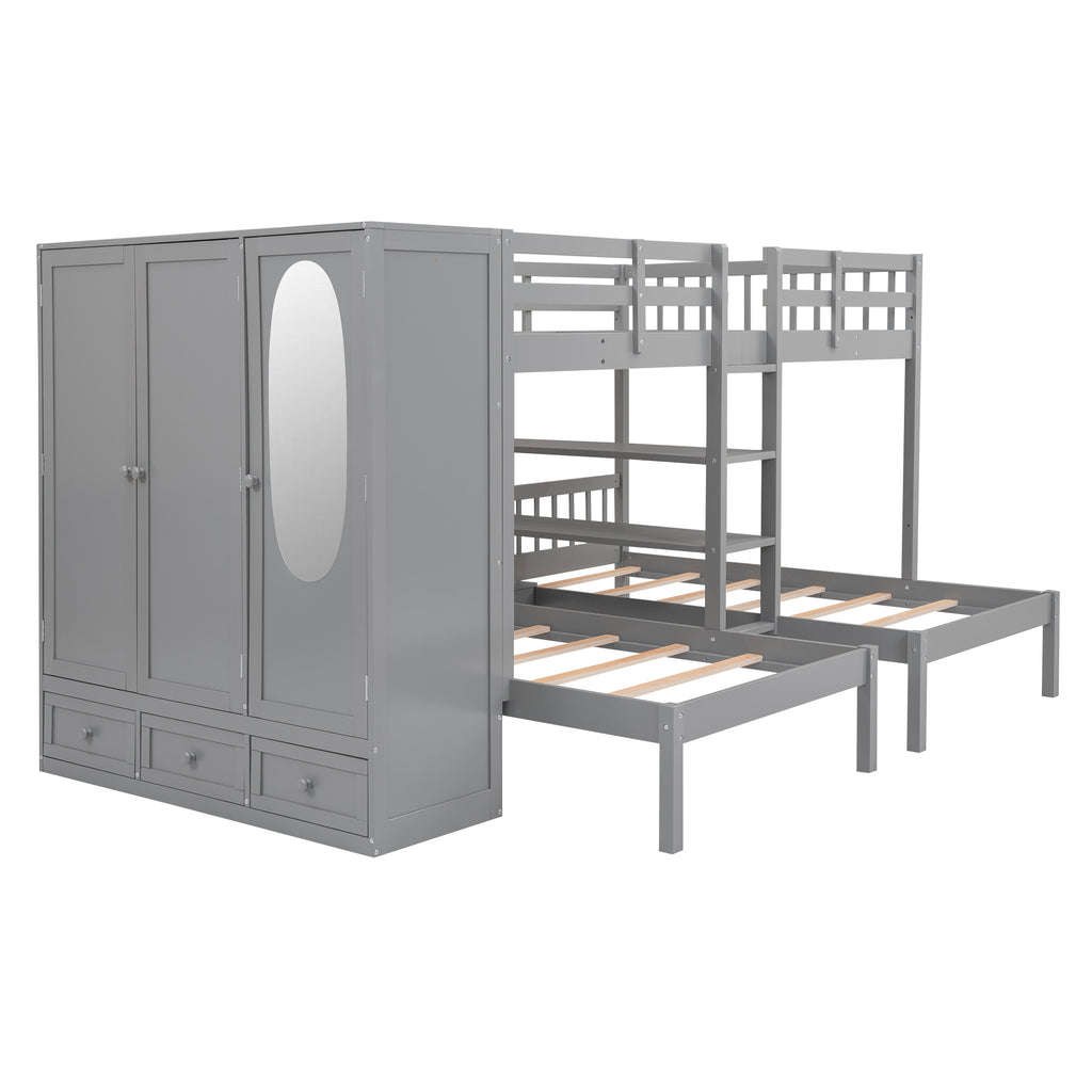 Full-Over-Twin-Twin Bunk Bed with Shelves, Wardrobe and Mirror, Gray