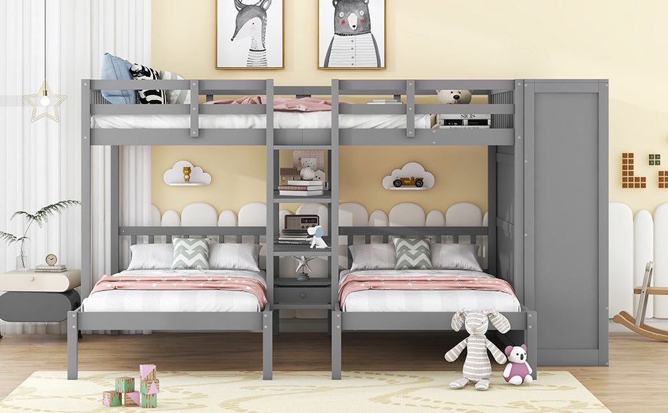 Full-Over-Twin-Twin Bunk Bed with Shelves, Wardrobe and Mirror, Gray