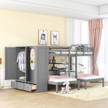 Load image into Gallery viewer, Full-Over-Twin-Twin Bunk Bed with Shelves, Wardrobe and Mirror, Gray