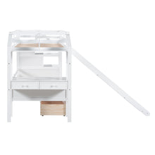 Load image into Gallery viewer, Twin over Twin Bunk Bed with Storage Staircase, Slide and Drawers, Desk with Drawers and Shelves, White