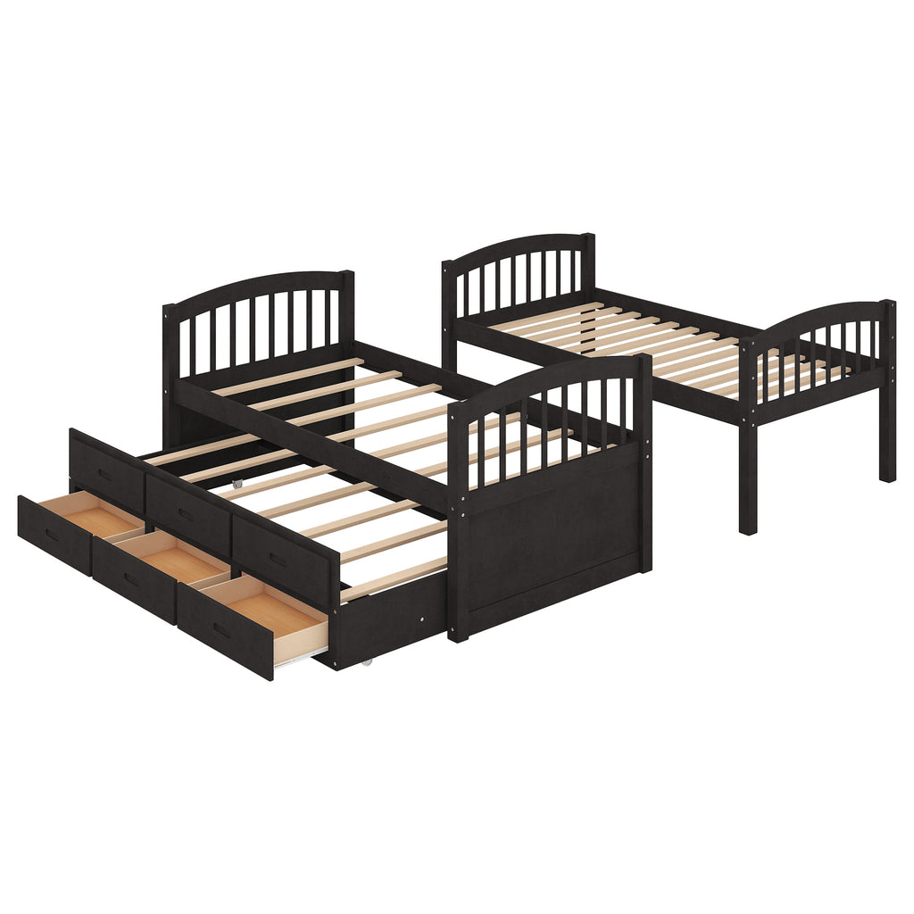 Twin over Twin Wood Bunk Bed with Trundle and Drawers, Espresso