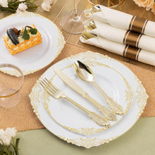 Load image into Gallery viewer, 350PCS Gold Plastic Plates for 50 Guests, 100 Gold Rim Plastic Plates, 50 Silverware, 50 Pre Rolled Napkins for Party