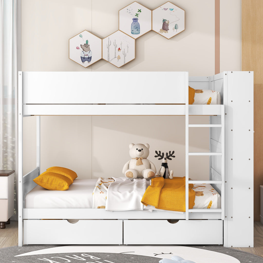 Full over Full Bunk Bed With 2 Drawers and Multi-layer Cabinet, White