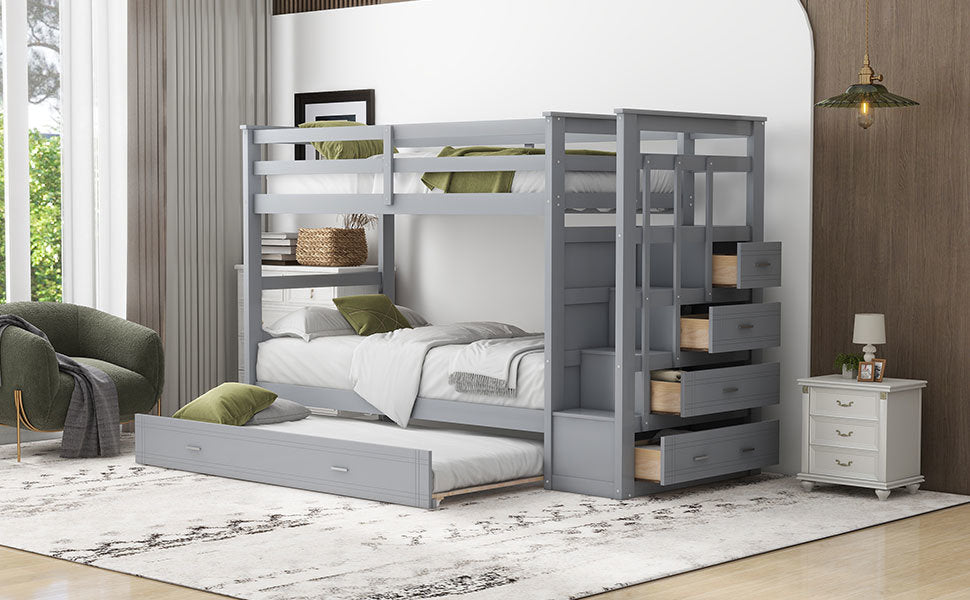 Twin Over Twin Bunk Bed with Trundle and Staircase,Gray