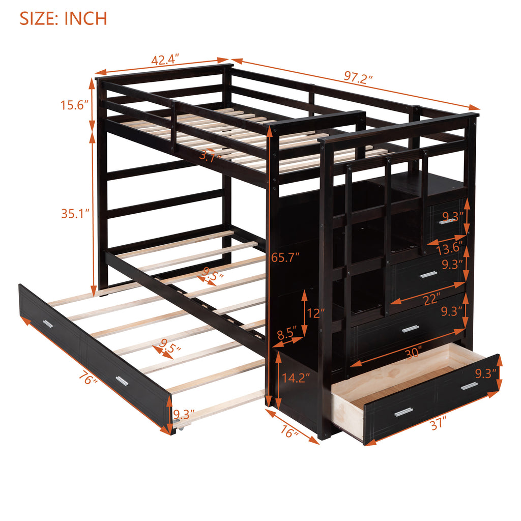 Twin Over Twin Bunk Bed with Trundle and Staircase, Espresso