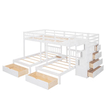 Load image into Gallery viewer, Full Over Twin &amp; Twin Bunk Bed, Wood Triple Bunk Bed with Drawers and Guardrails (White)