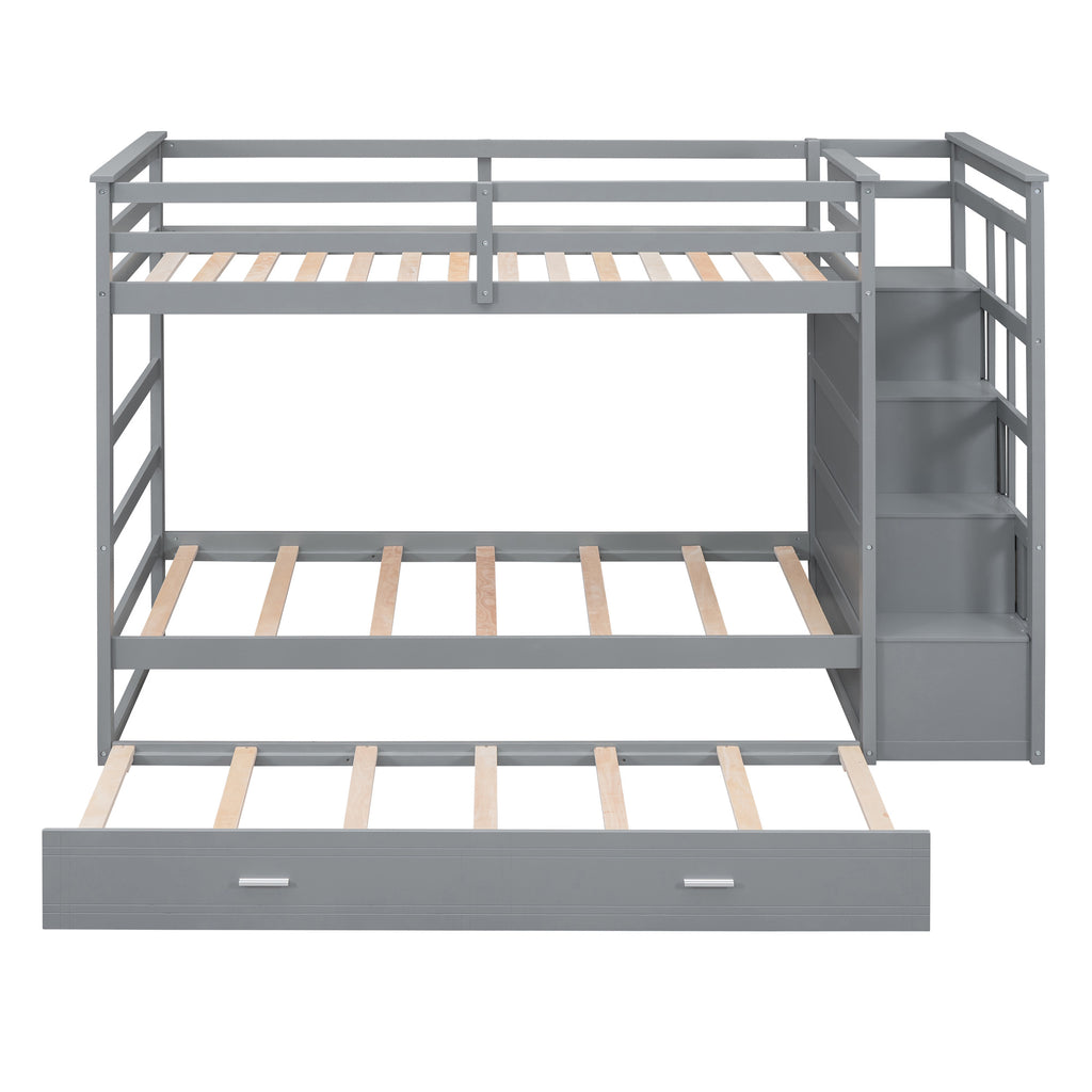 Twin Over Twin Bunk Bed with Trundle and Staircase,Gray