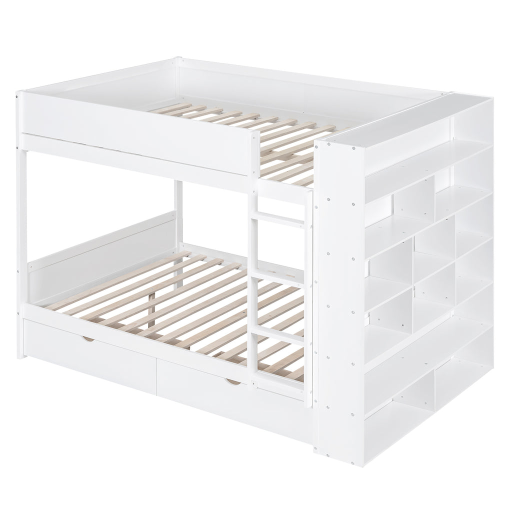 Full over Full Bunk Bed With 2 Drawers and Multi-layer Cabinet, White