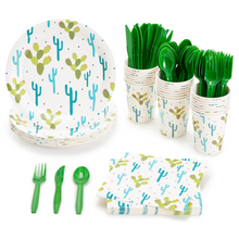 Load image into Gallery viewer, 144-Pieces of Cactus Party Supplies with Succulent Plates, Napkins, Cups and Cutlery for Fiesta Party Celebration, Birthday, Taco Baby Shower Decorations (Serves 24)