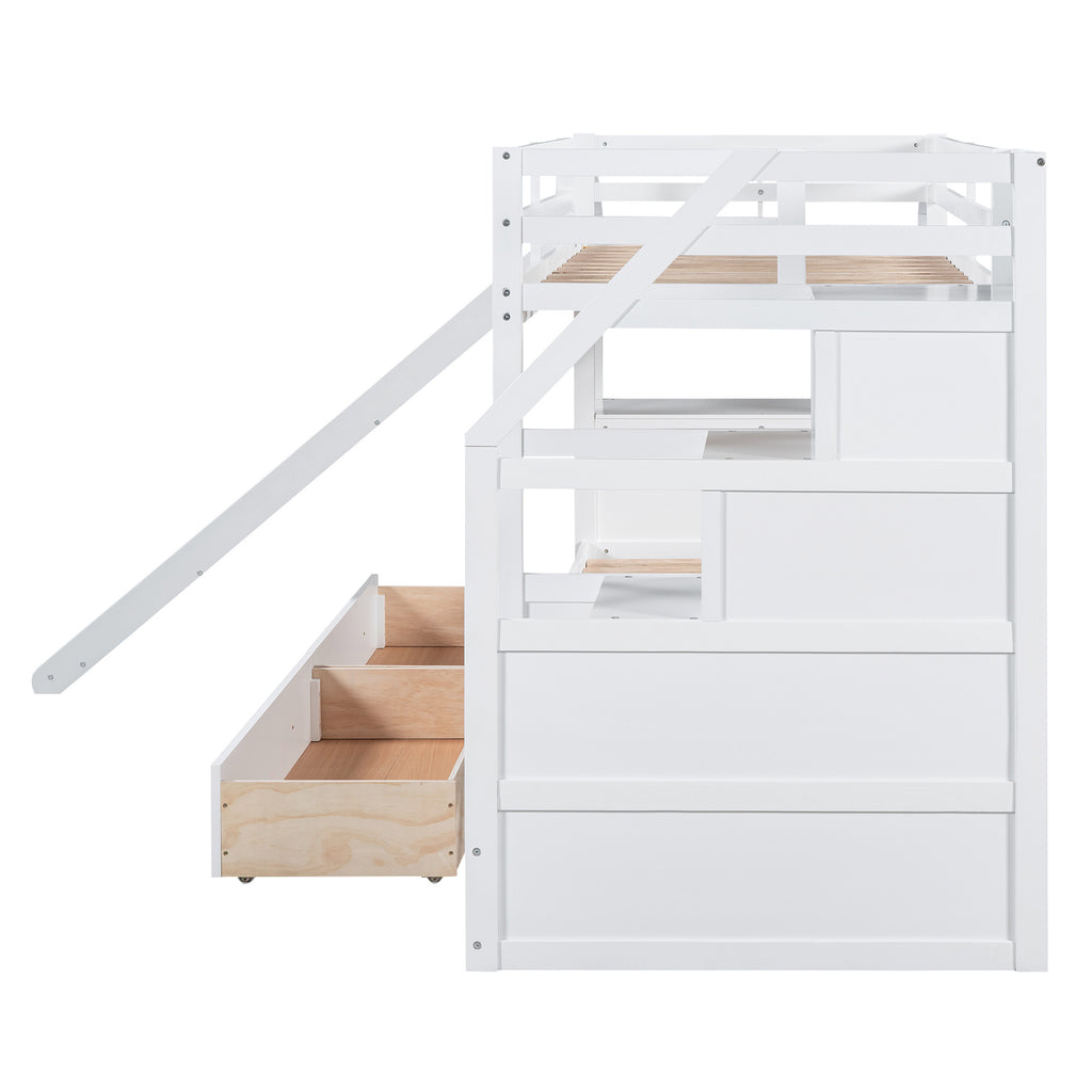 Twin over Twin Bunk Bed with Storage Staircase, Slide and Drawers, Desk with Drawers and Shelves, White