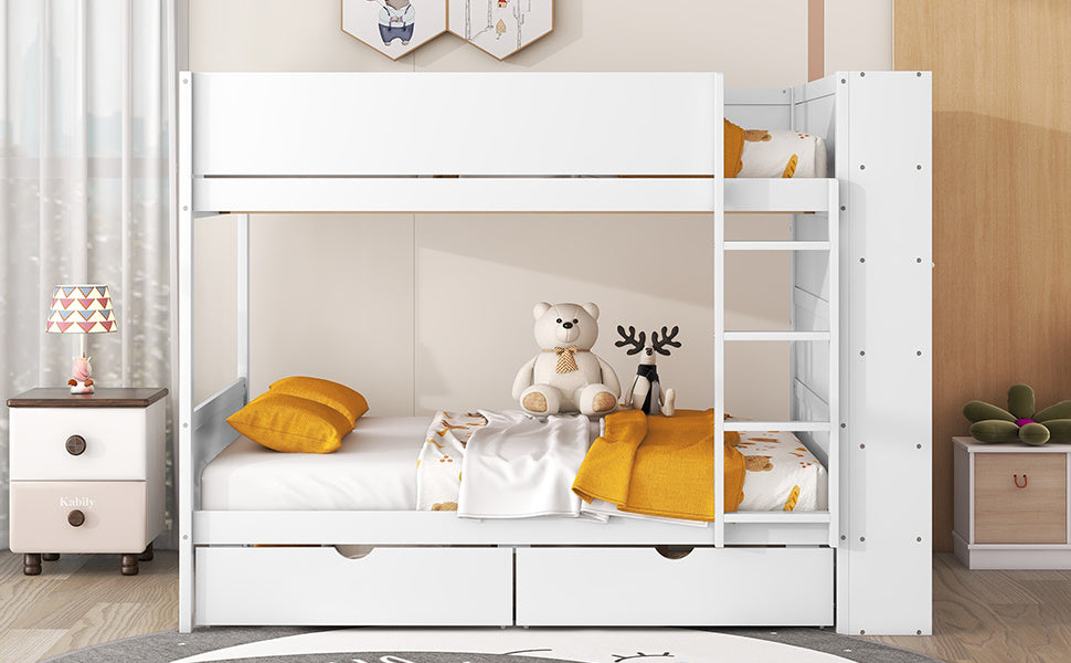 Full over Full Bunk Bed With 2 Drawers and Multi-layer Cabinet, White