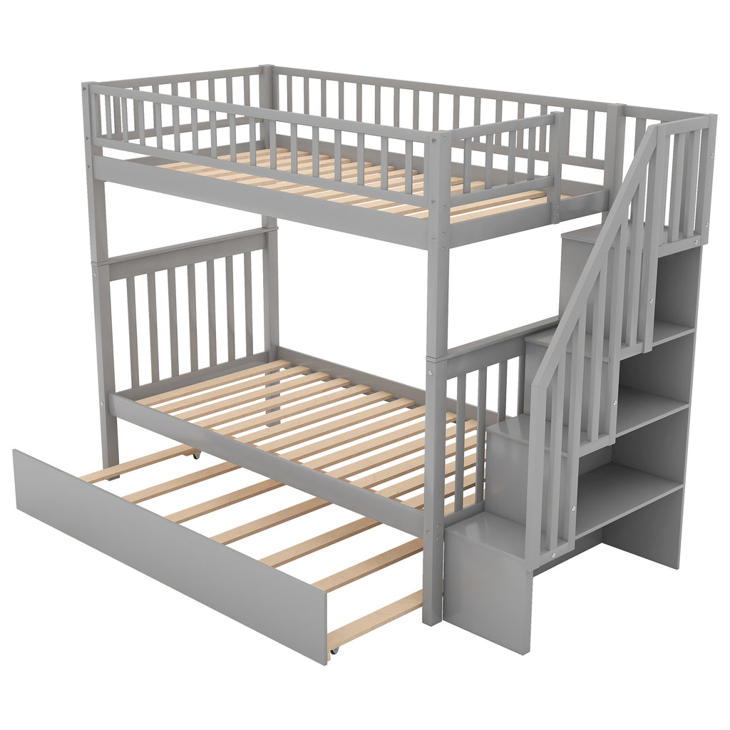 Twin over Twin Bunk Bed with Trundle and Storage, Gray