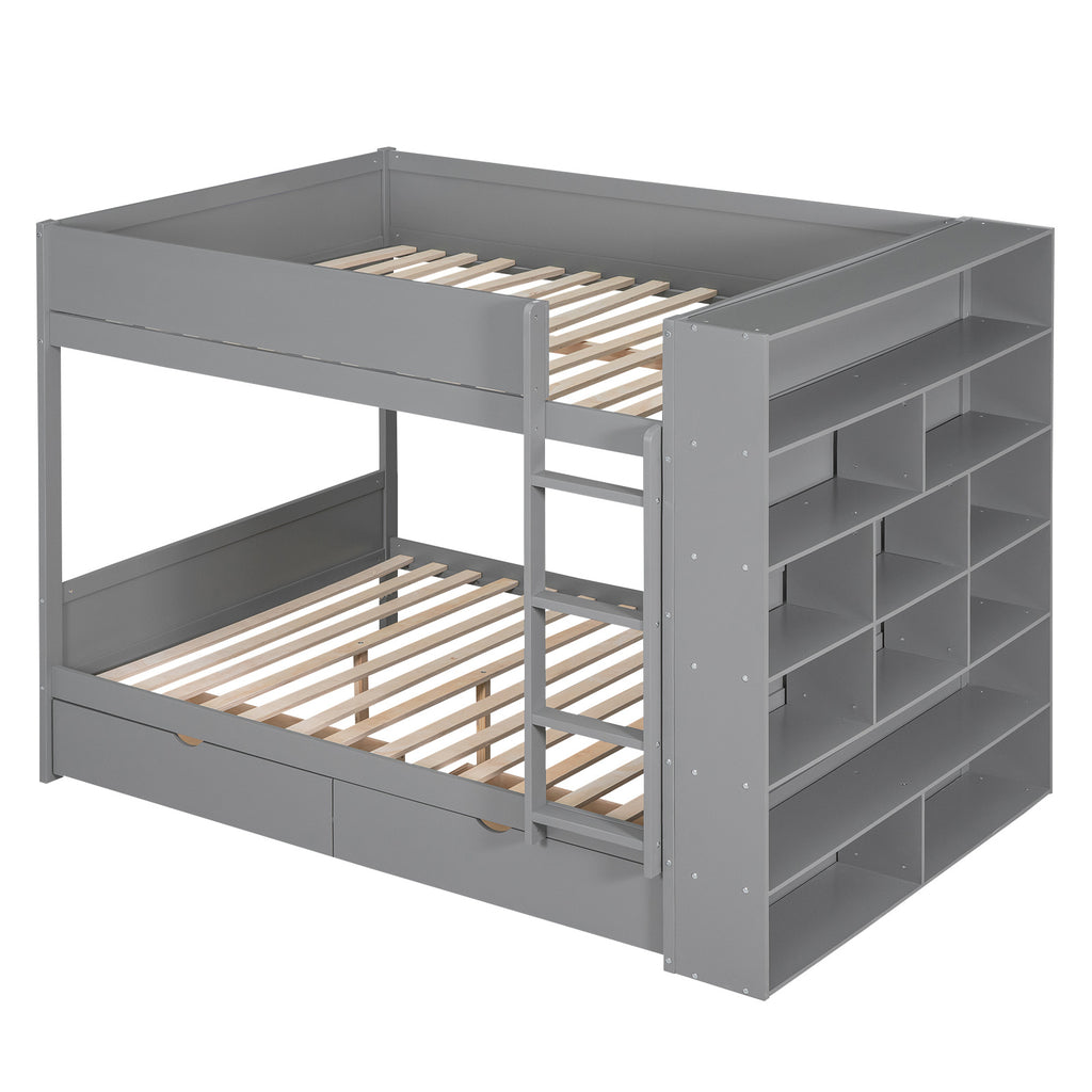 Full over Full Bunk Bed With 2 Drawers and Multi-layer Cabinet, Gray