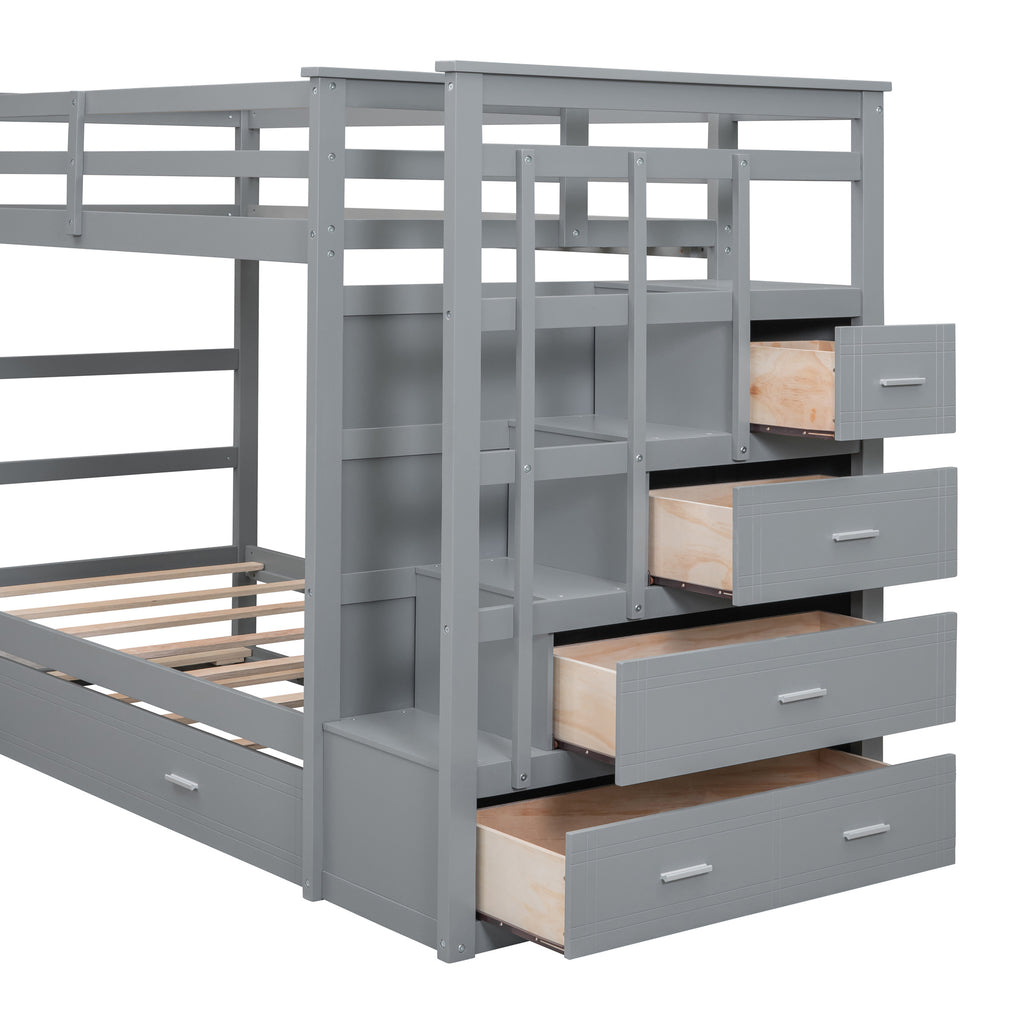 Twin Over Twin Bunk Bed with Trundle and Staircase,Gray