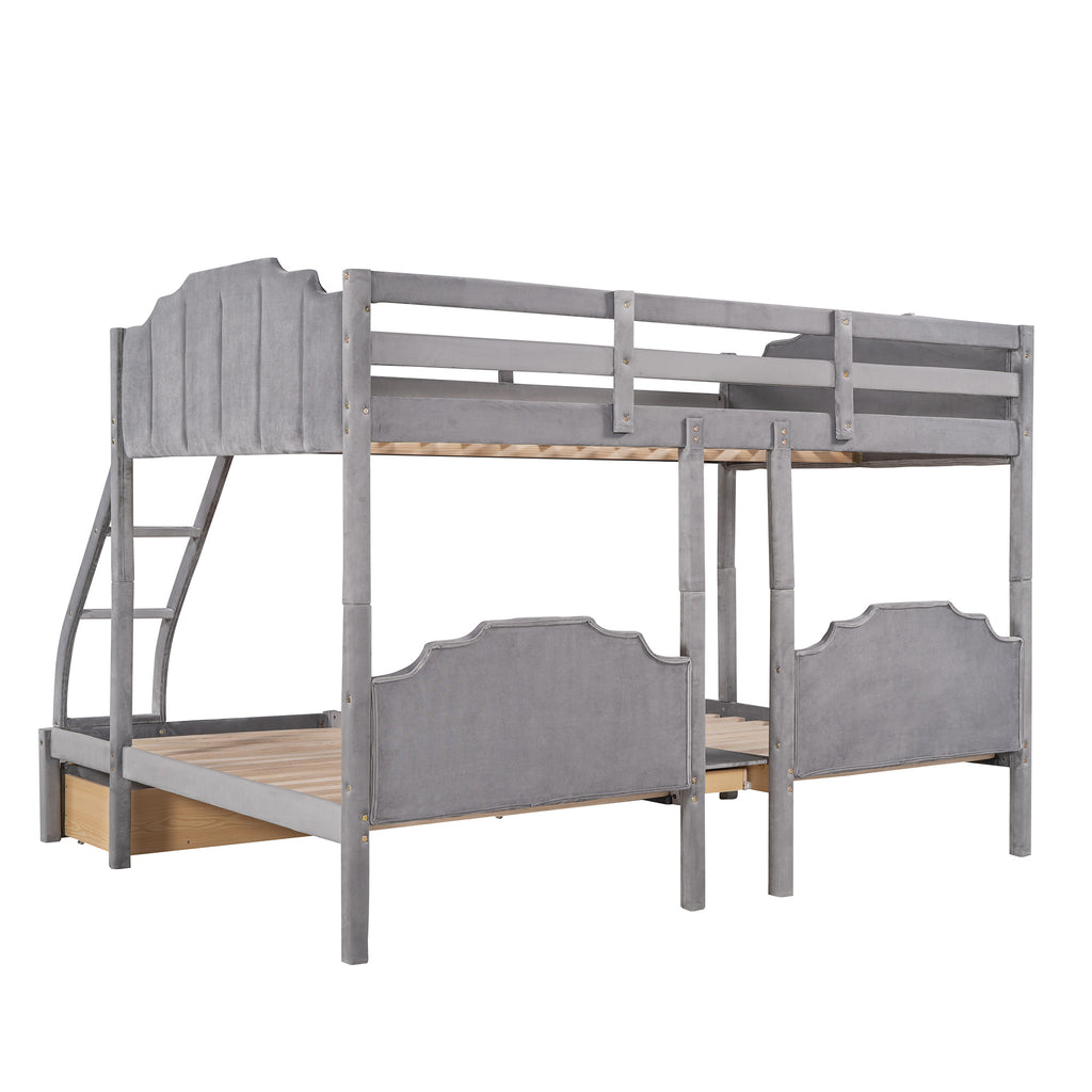 Full Over Twin & Twin Bunk Bed, Velvet Triple Bunk Bed with Drawers and Guardrails, Gray