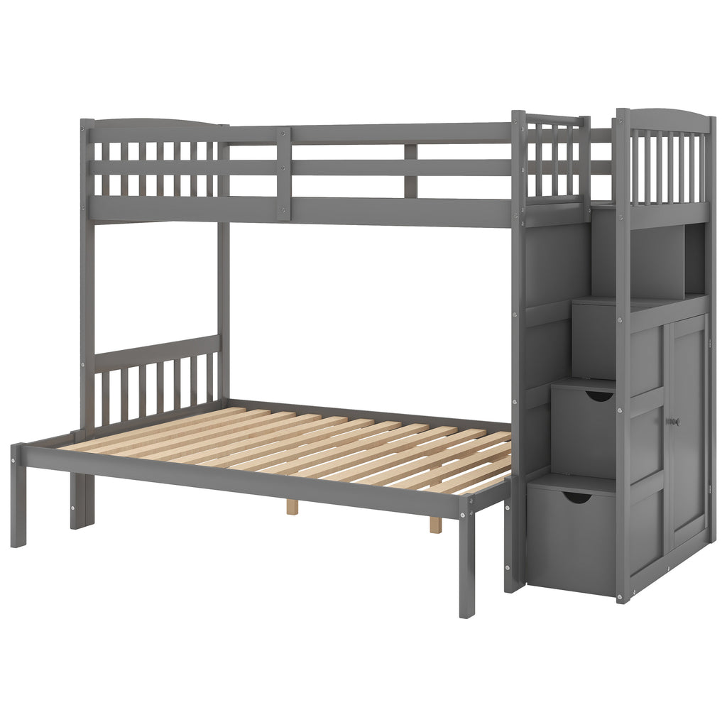 Twin over Full/Twin Bunk Bed, Convertible Bottom Bed, Storage Shelves and Drawers, Gray