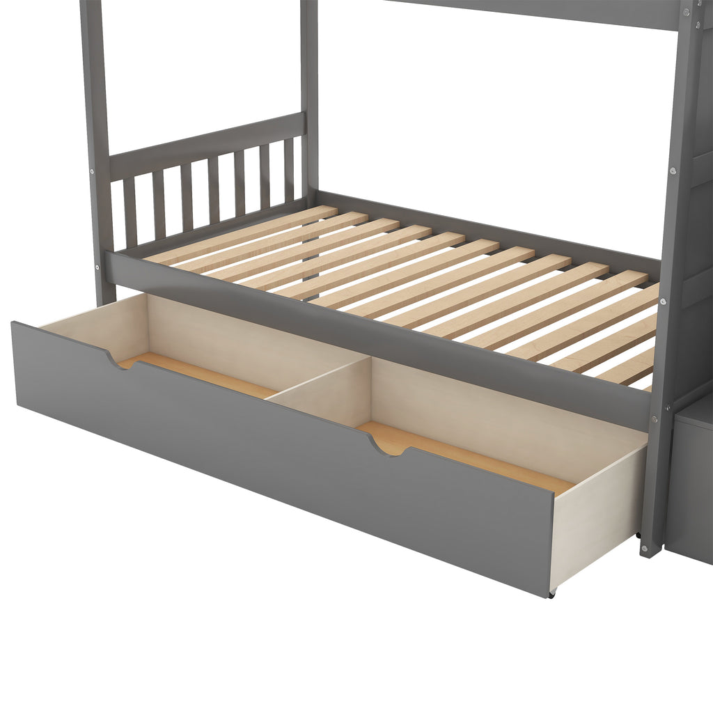 Twin over Full/Twin Bunk Bed, Convertible Bottom Bed, Storage Shelves and Drawers, Gray