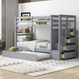 Twin Over Twin Bunk Bed with Trundle and Staircase,Gray