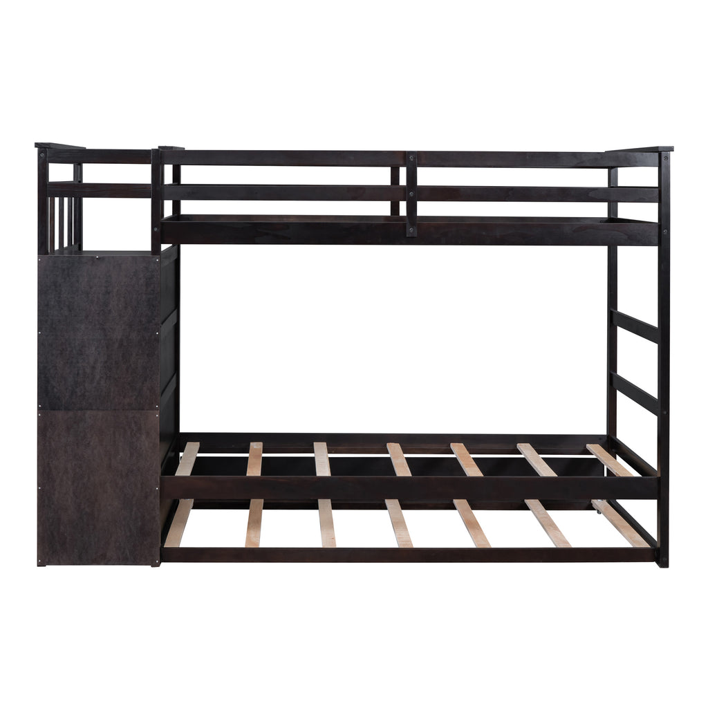 Twin Over Twin Bunk Bed with Trundle and Staircase, Espresso