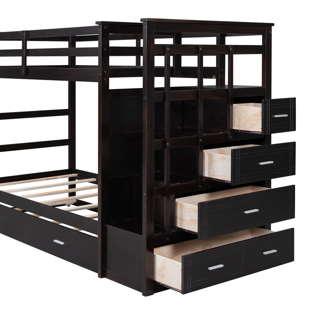 Twin Over Twin Bunk Bed with Trundle and Staircase, Espresso