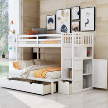 Load image into Gallery viewer, Twin over Full/Twin Bunk Bed, Convertible Bottom Bed, Storage Shelves and Drawers, White