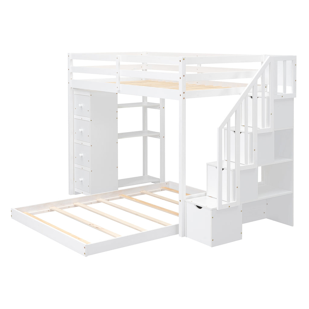 Twin Over Full Bunk Bed with 3-layer Shelves, Drawers and Storage Stairs, White